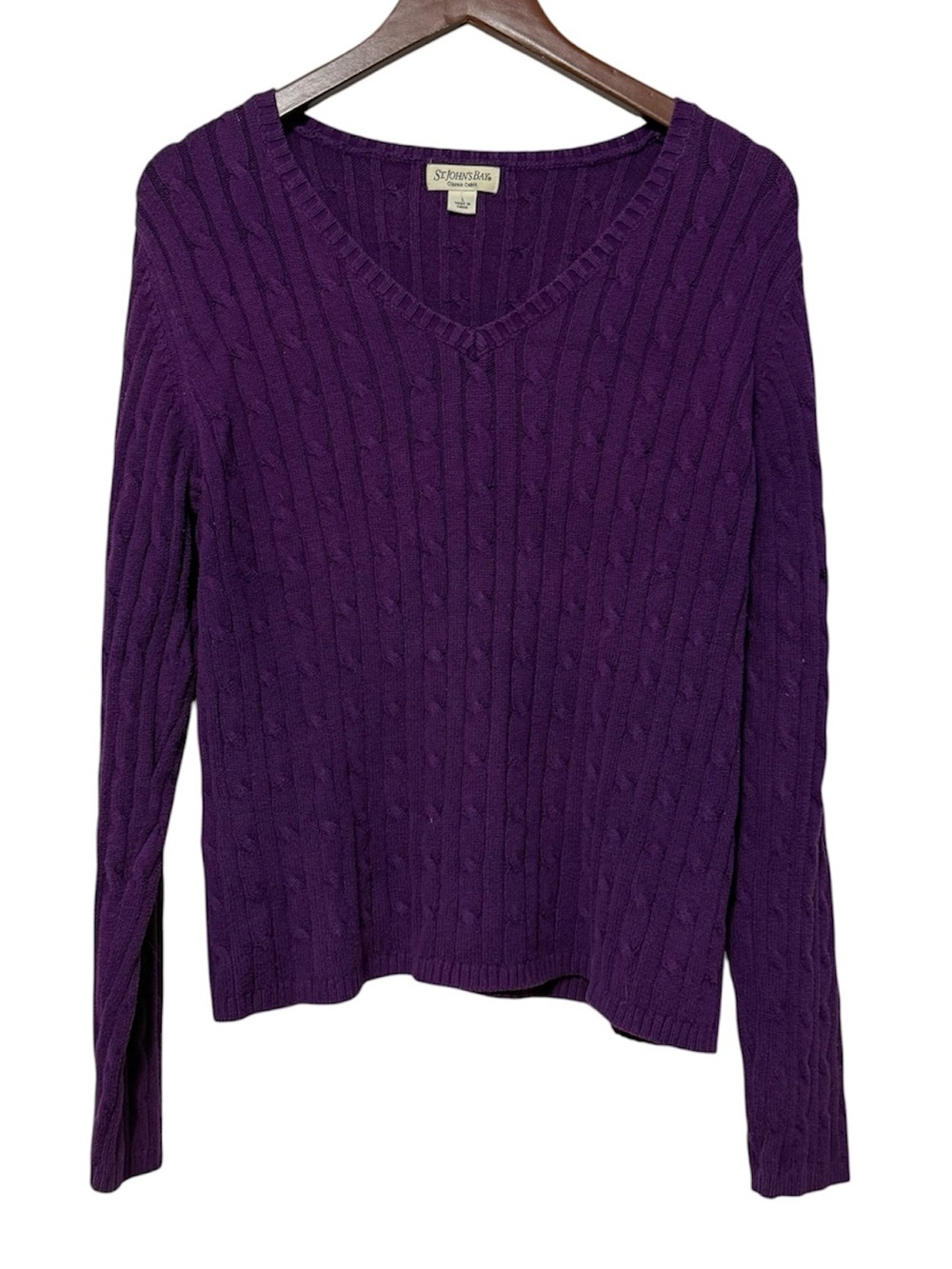 St. John’s Bay Classic Cable Knit Women’s Large Purple Sweater Fisherman Preppy